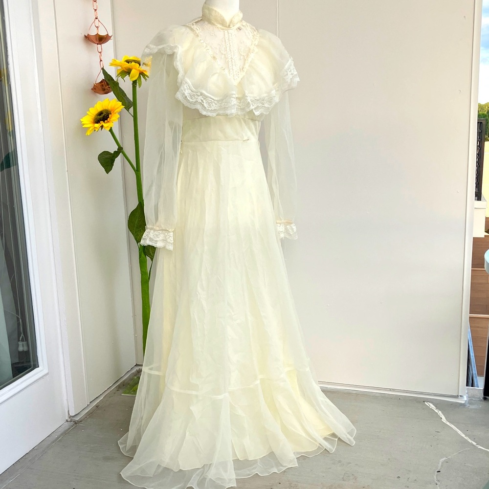 Vintage 70s Floor-Length Maxi Cream High Neck Ruffle Cream Prairie Wedding Dress - Picture 1 of 14